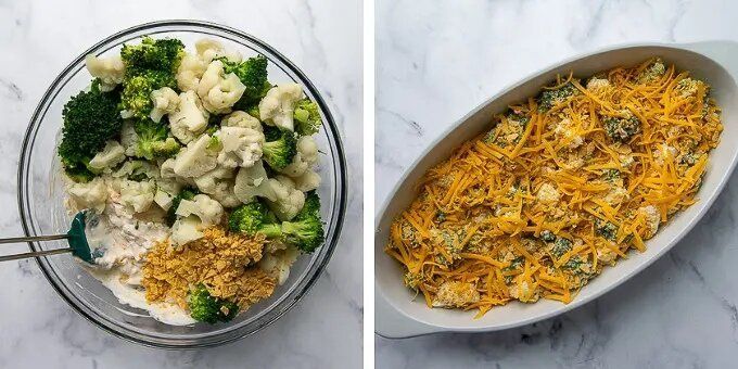 Запеканка, готовая к выпеканию, покрытая сыром и хлопьями