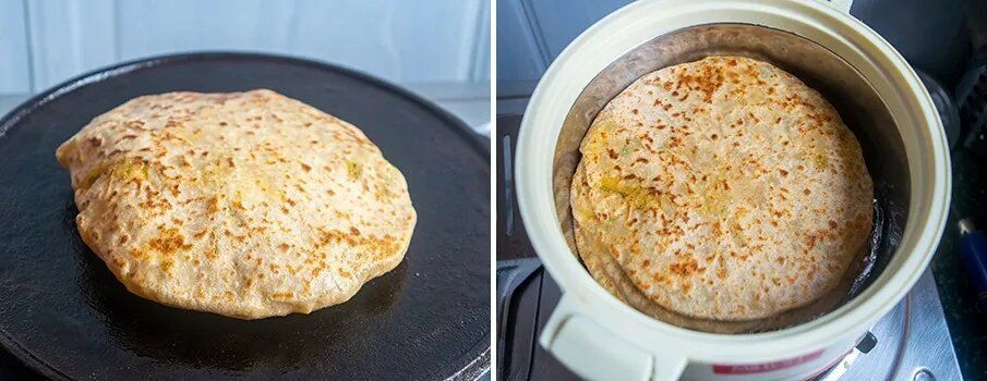 Готовые алу паратха, разрезанные пополам, показывают сочную картофельную начинку